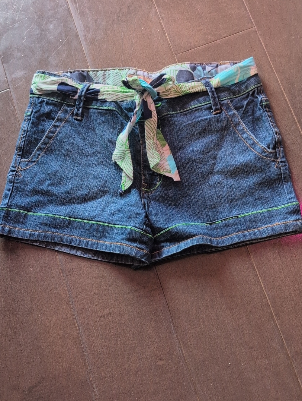 Bluen Jean Shorts with Green Trim and Matching Belt